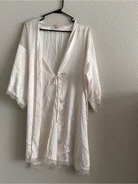 Victoria's Secret Satin Lace-Trim Robe - Cream